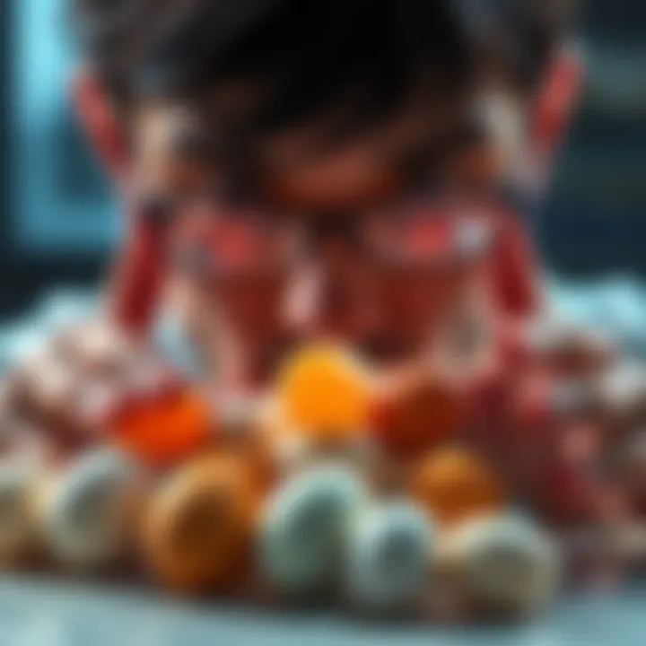 A person examining various eggs based on size and color for identification purposes