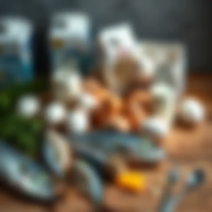 A variety of eggs, milk cartons, and fish arranged on a wooden table, depicting dietary options
