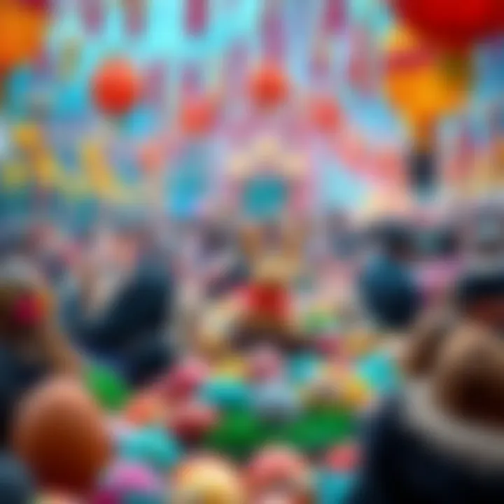 A colorful gathering of people celebrating Eggtopia, with eggs in various designs and decorations around them.