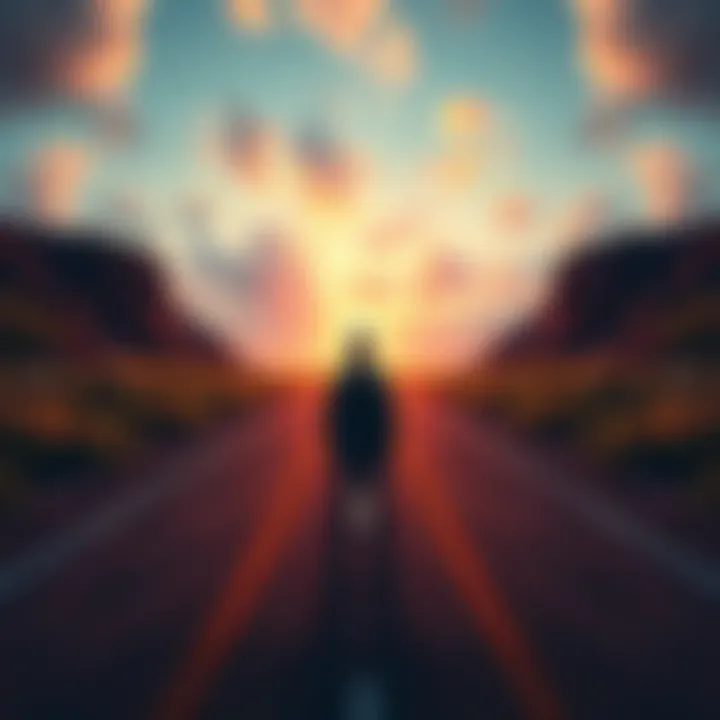 A person stands at a crossroads, one path representing ego with bright colors and distractions, and the other path symbolizing true self with calm and natural elements.