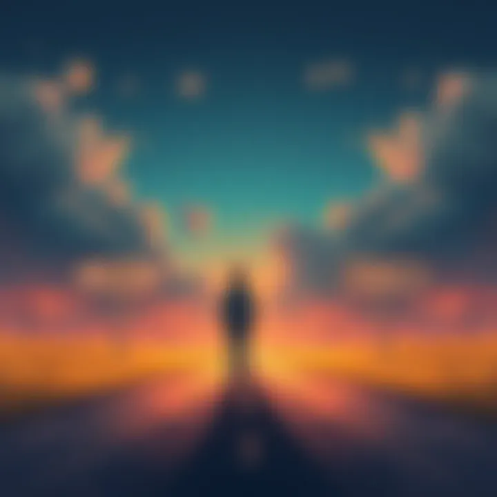 A person standing at a crossroads, contemplating a path labeled 'Ego' and another labeled 'Enlightenment'.
