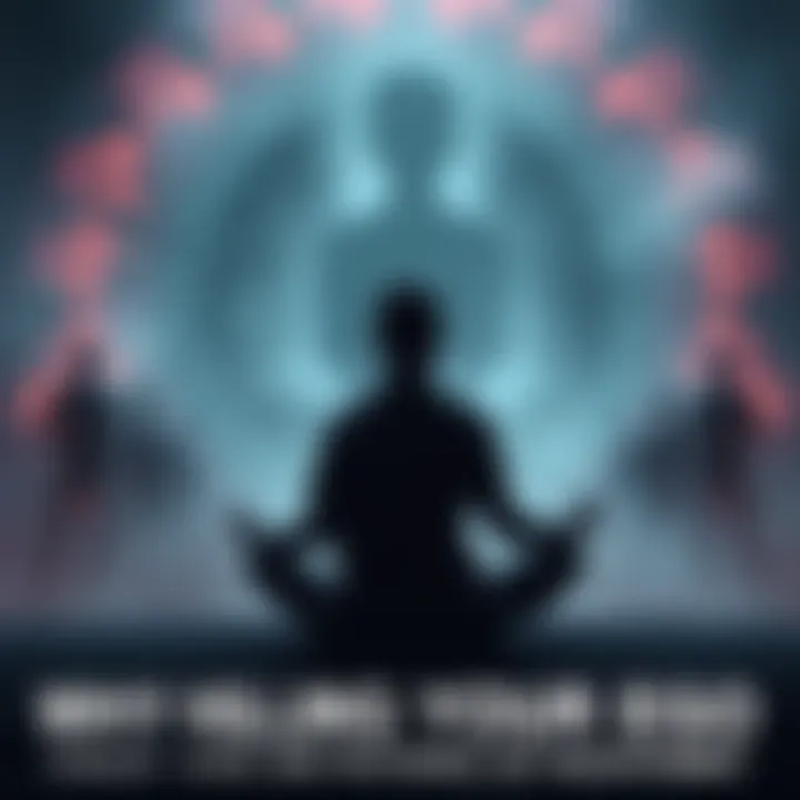 A person sitting in meditation surrounded by shadowy figures, symbolizing the struggle between ego and unresolved issues.