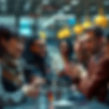 Ego's Impact on Daily Life A group of diverse people engaging in conversation, reflecting various emotions influenced by their egos, in a lively setting.