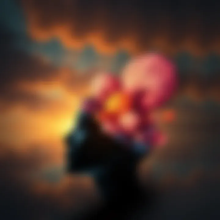 A symbolic representation of egregores showing abstract thought forms emerging from human minds in a serene setting.