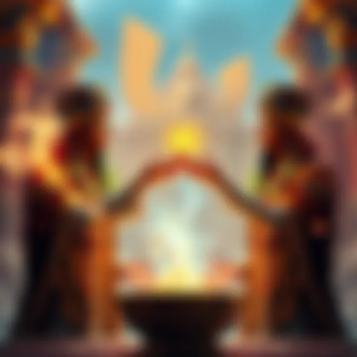 Ancient Egyptian magicians performing tricks resembling Moses' miracles, with symbols of Egypt in the background.