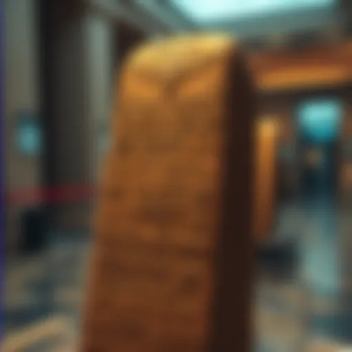 A close-up view of an Egyptian stele showcased in a local museum, highlighting its inscriptions and carvings.