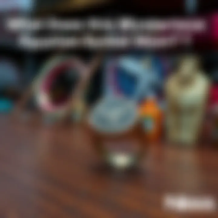 A close-up view of a ring featuring an intriguing Egyptian-like symbol, sitting on a wooden table with outdoor yard sale items in the background.