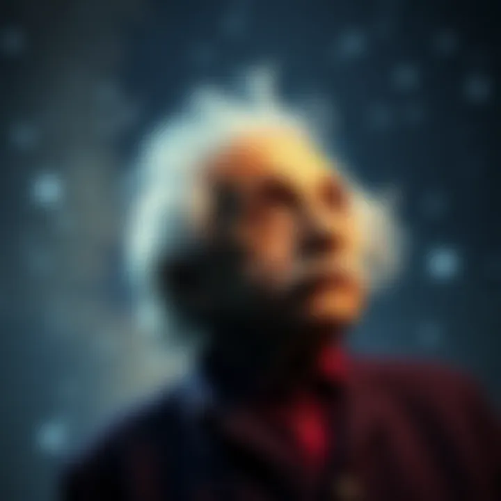 Albert Einstein gazes thoughtfully at the stars, symbolizing his views on the connection between science and spirituality.