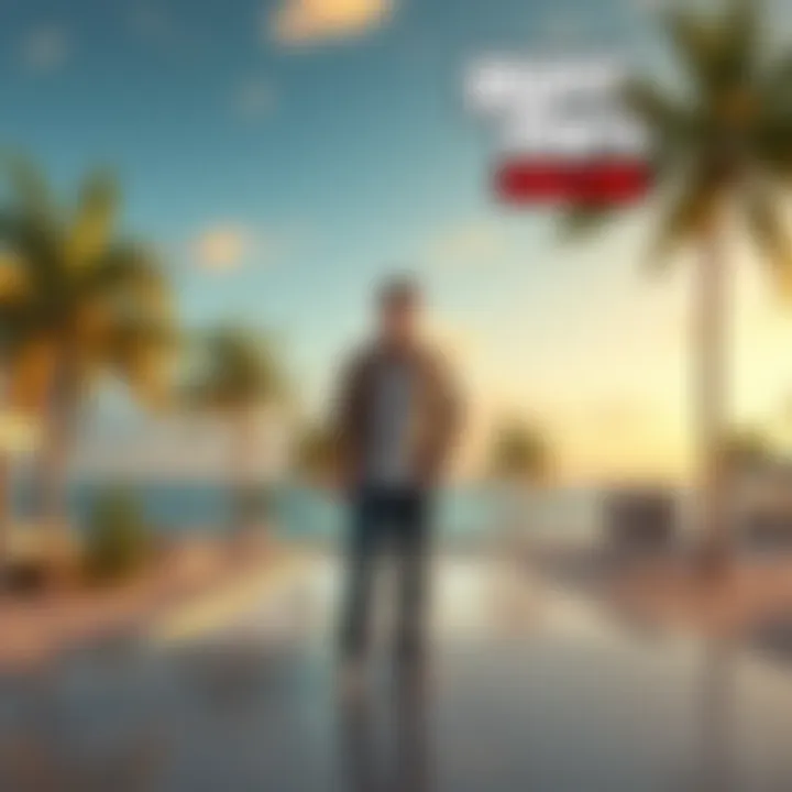 El Rubio character standing on a private island with palm trees and luxury scenery in GTA Online