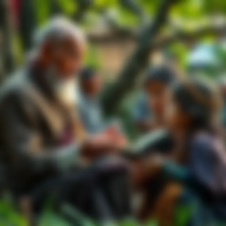 Elder telling a story An elder shares traditional knowledge with younger generations outdoors, showcasing the importance of oral storytelling in preserving cultural identity.
