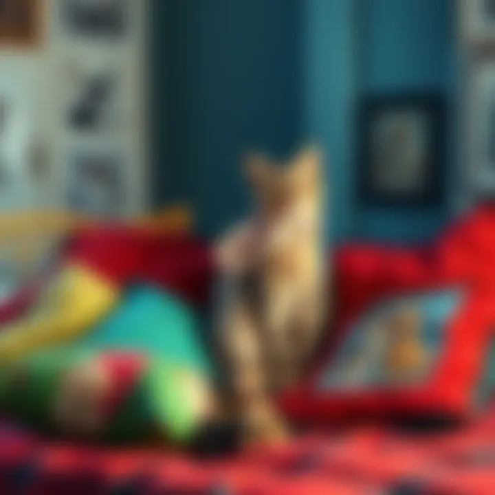 A 24-year-old cat named Mau Mau sitting comfortably among colorful cushions, surrounded by photos and drawings of other pets, exuding warmth and connection