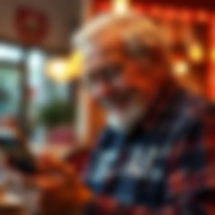 A 79-year-old man smiling as he looks at a dating profile on his phone, hopeful for companionship.