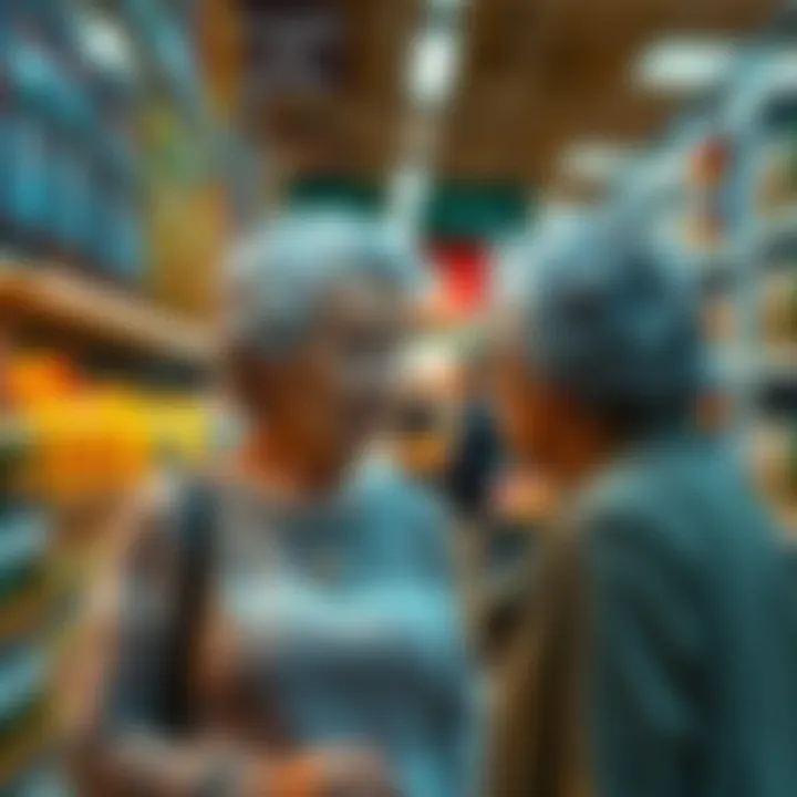 Elderly Woman at Grocery Store An elderly woman talking to a bystander in a grocery store aisle, looking serious as she makes a strange remark.