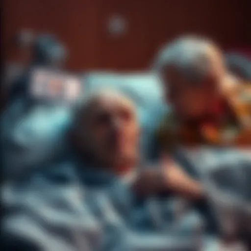 An elderly man lying in a hospital bed, showing a thoughtful expression as a visitor sits beside him, sharing a moment of connection and empathy.