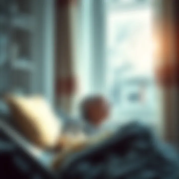 An elderly patient in a hospital bed shows emotion, looking towards the window as if yearning for home.