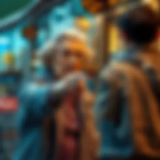 An elderly woman angrily points at a young couple, accusing them of theft, outside a shop