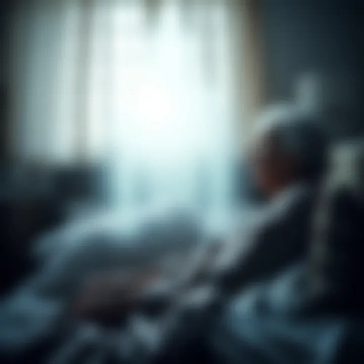 A 94-year-old woman gazes at a misty figure resembling her deceased husband, sitting on her bed in a softly lit room, evoking a sense of peace and wonder.