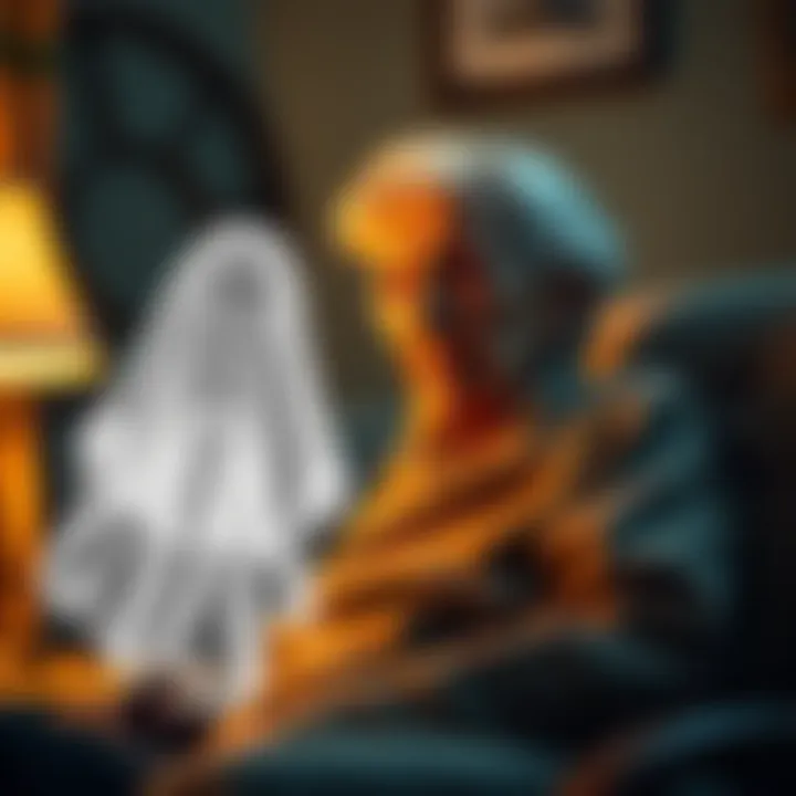 A 91-year-old woman sitting in a chair looks surprised as she sees a ghostly little girl beside her daughter, who is sitting nearby