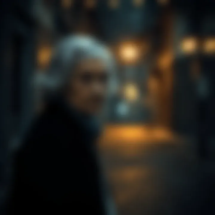 An elderly woman stands in a dimly lit street, surrounded by shadows, with a curious expression, evoking a sense of intrigue and unease.