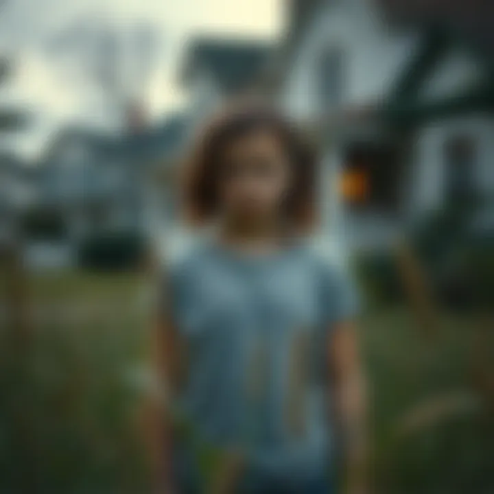 Eleanor standing in her old neighborhood Eleanor looks at her childhood home with a concerned expression, surrounded by overgrown grass and eerie silence