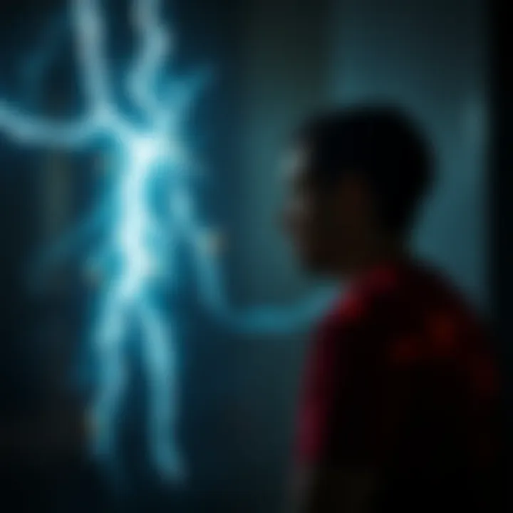 A man in a dimly lit room facing a crackling electric figure, with visible energy sparks and burn marks on his skin.