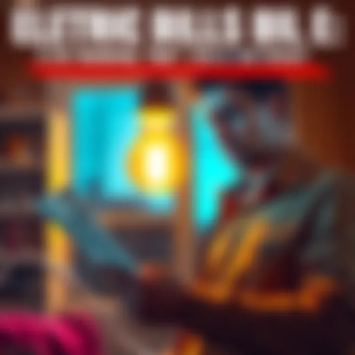 A person looking worried while checking their electric bill at home, with a light bulb glowing in the background symbolizing energy consumption