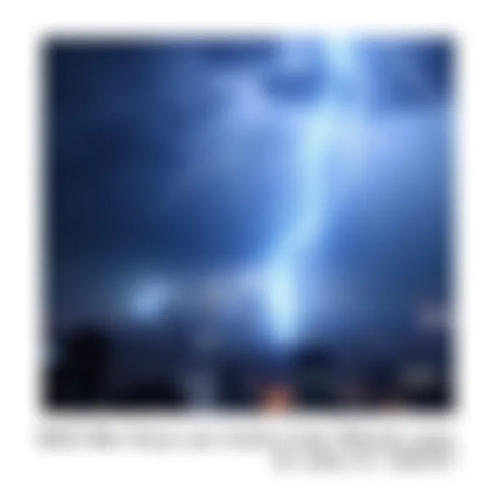 A dramatic electric storm with bright lightning bolts illuminating a city skyline, symbolizing the risks of internet blackouts.