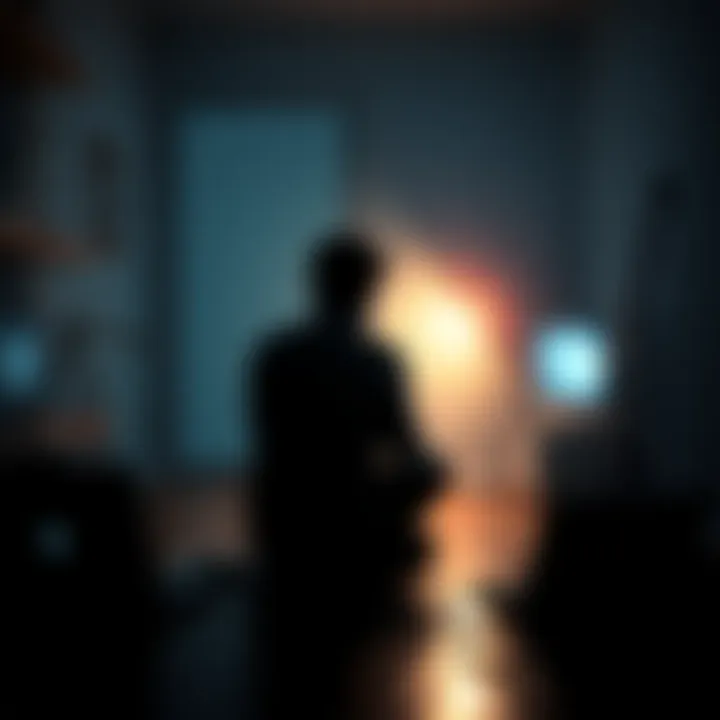 Person experiencing electronic harassment A person sitting alone, looking distressed in a dimly lit room, surrounded by electronic devices, illustrating struggles with electronic harassment