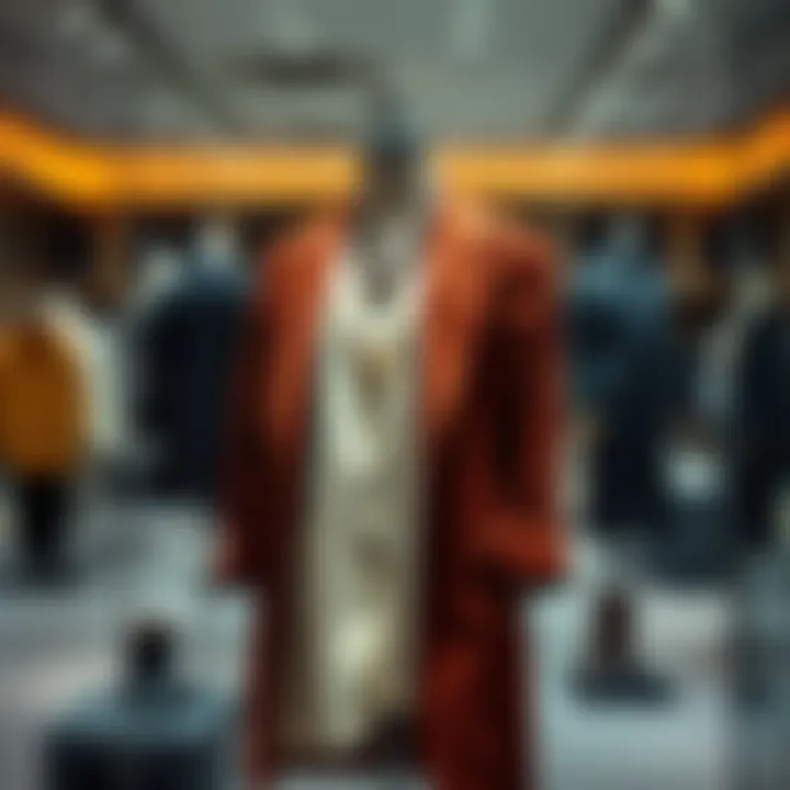 A stylish outfit displayed on a mannequin, showcasing a blend of classic and modern design elements.