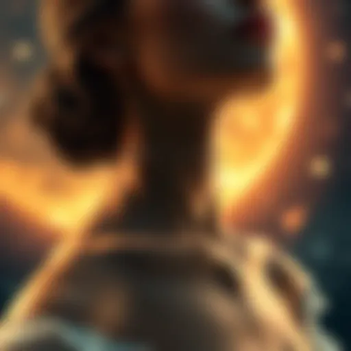 A woman showcasing her neck and collarbone, symbolizing beauty and elegance, under celestial-themed background.