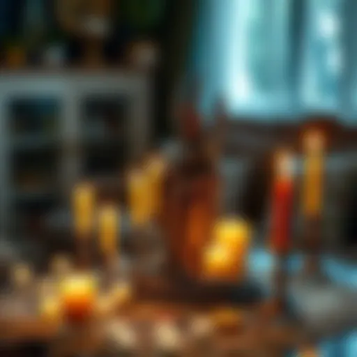 A small statue of Elegua placed on a table surrounded by candles and offerings, representing spiritual practices to remove unwanted visitors from a home.
