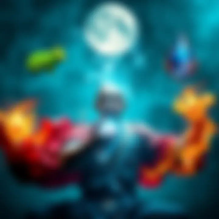 Elemental Mastery Training A person practicing elemental manipulation, surrounded by symbols representing earth, air, fire, and water, showcasing focus and discipline.