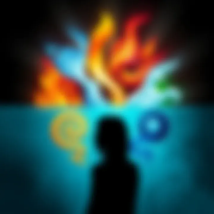 Illustration showing symbols of water, fire, air, and earth elements alongside a person's silhouette