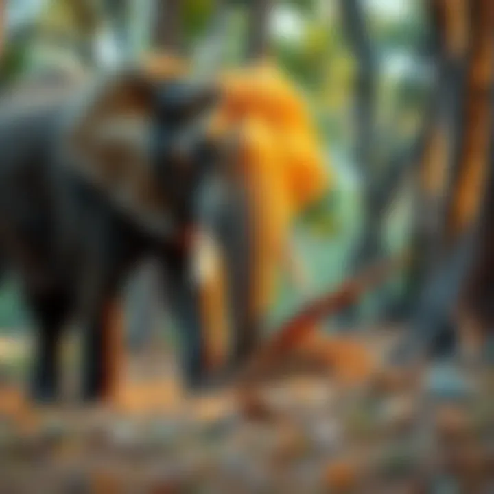 An elephant using its trunk to bury a branch in the ground, surrounded by trees.