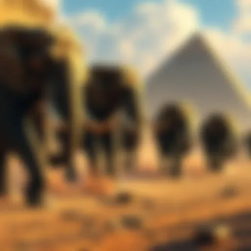 Elephants march through an ancient Egyptian landscape during a war scene, with notable historical figures like Einstein and Napoleon strategizing nearby.