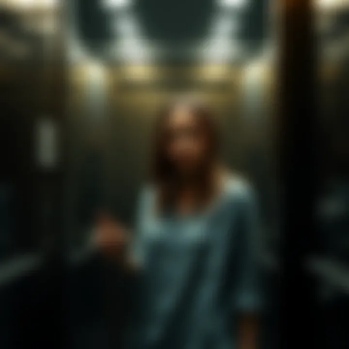 A young woman standing alone in a dimly lit hotel elevator, looking anxious and pressing buttons, captured on security camera footage.