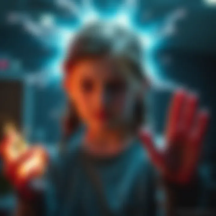 A girl with a focused expression, surrounded by a glowing energy as she tries to use her psychic abilities, reminiscent of a character from a popular TV show.