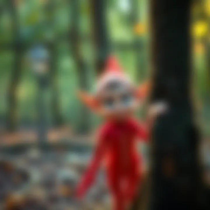Elf Caught on Camera A small elf with pointed ears and a playful expression stands near a tree, captured in a viral video still. The scene shows a whimsical forest backdrop with soft lighting.