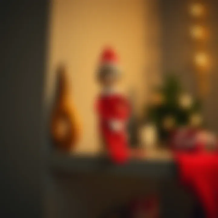 A cheerful Elf on the Shelf doll appears in a home setting, positioned playfully on a shelf, looking lively as if it's just moved.