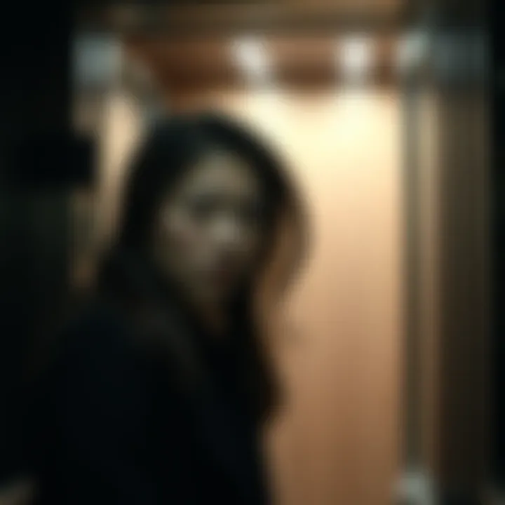 A young woman with dark hair in a hotel elevator, looking anxious; the elevator doors are slightly open, showing dim lighting inside.