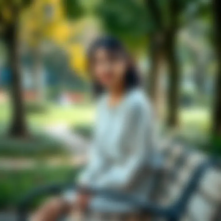 A young woman sitting on a bench in a serene park, reflecting on her dreams and struggles with a gentle smile on her face.