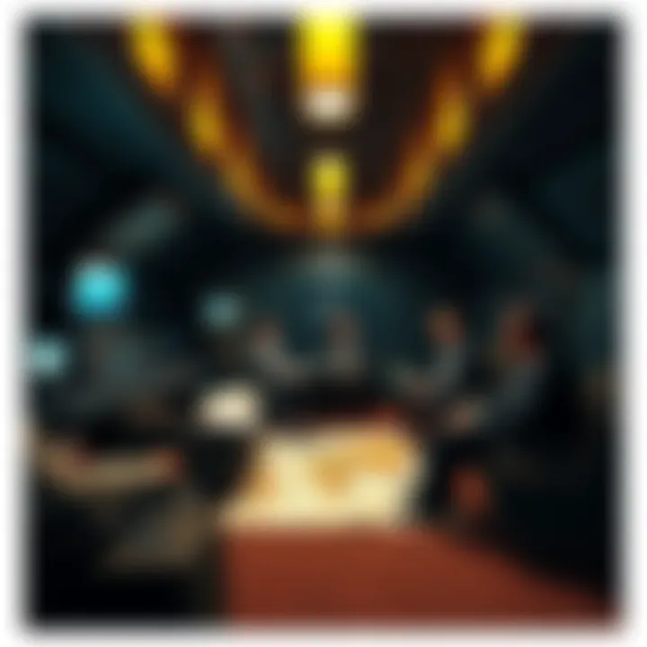 A group of wealthy individuals discussing plans inside a luxury bunker, surrounded by high-tech equipment and maps, indicating preparedness for societal instability.