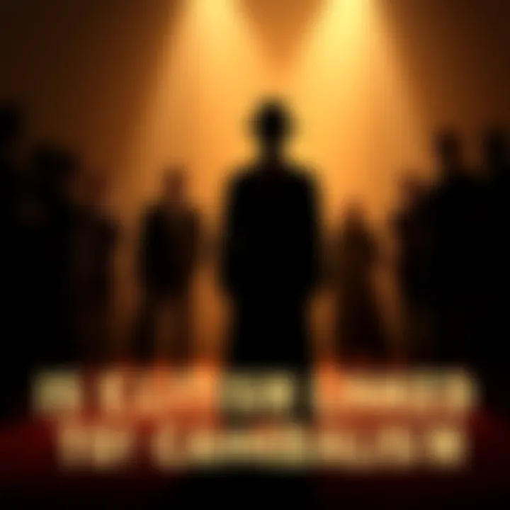 Silhouetted figures dressed in formal attire gather in a shadowy room, suggesting a secretive meeting with unsettling undertones.