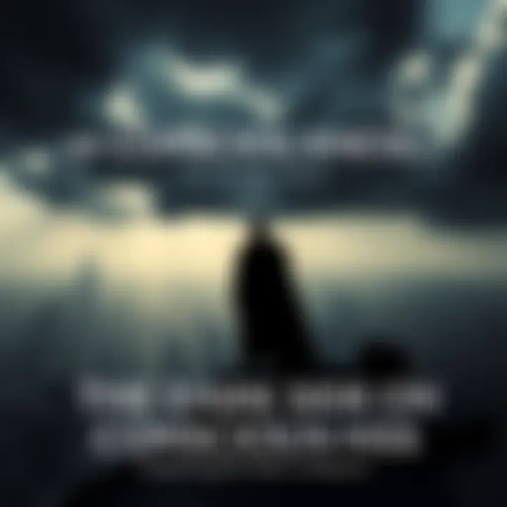 A shadowy figure representing the elite standing over a city, symbolizing hidden control and manipulation, with dark clouds above and light rays breaking through