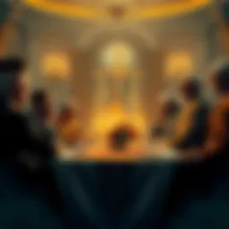 A group of powerful figures discussing around a table with religious symbols in the background, suggesting the connection between faith and control.