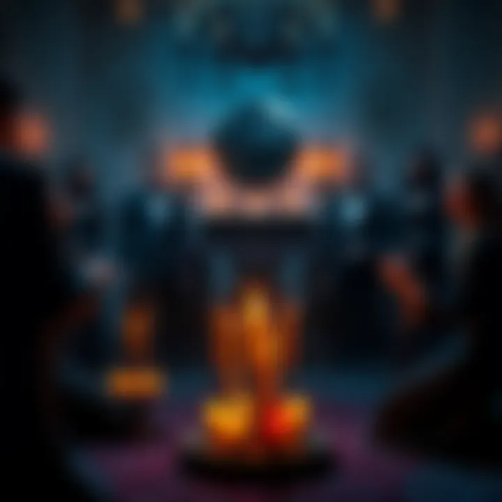 A group of elegantly dressed individuals gathered in a dimly lit room, performing a ritual with candles and symbols related to chaos magic.