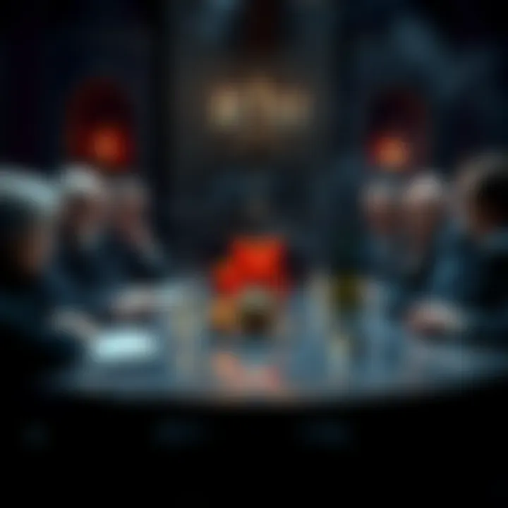Elites Discussing Satanism A group of influential people gathered around a table, engaged in a serious conversation about Satanism, with dark lighting and candles in the background.