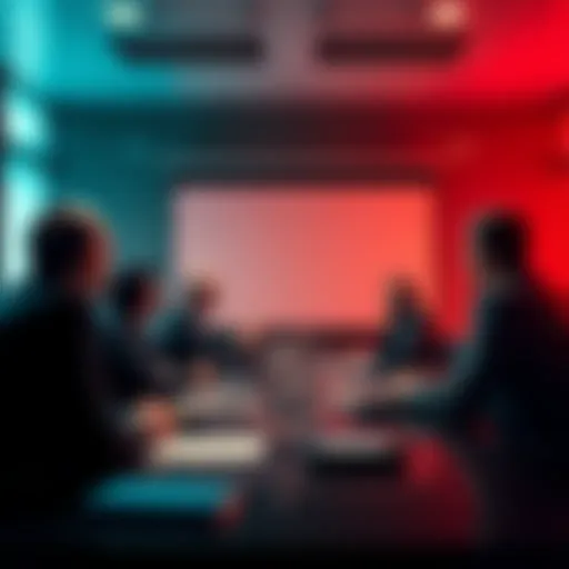 A group of business people discussing drug policies in a boardroom, showing tension and disagreement