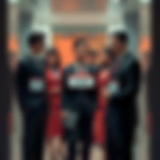 A group of well-dressed elites engaging in a private conversation, with one individual holding a name tag showing a public name and another showing a secret name.