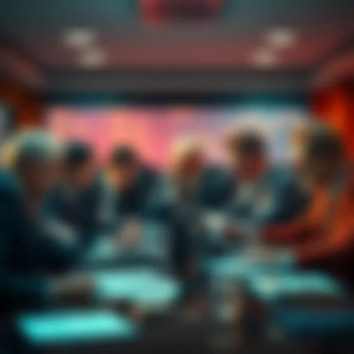 A group of worried elites in a boardroom, looking at financial graphs with expressions of concern